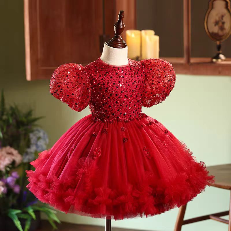 Red Sequins Toddler 1st Birthday Knee Length Party Girl Dress J358