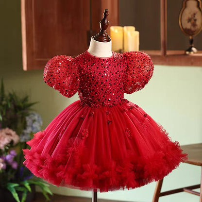 Red Sequins Toddler 1st Birthday Knee Length Party Girl Dress J358