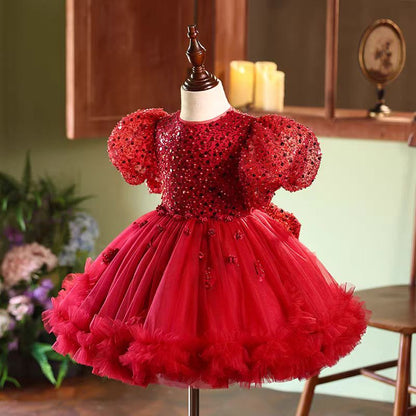 Red Sequins Toddler 1st Birthday Knee Length Party Girl Dress J358