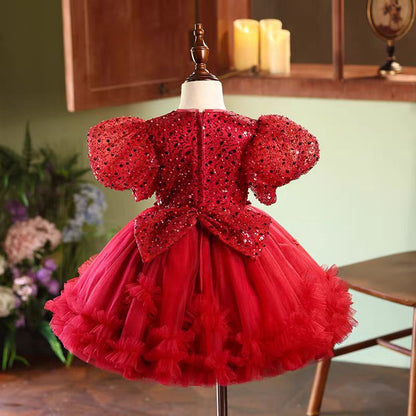 Red Sequins Toddler 1st Birthday Knee Length Party Girl Dress J358