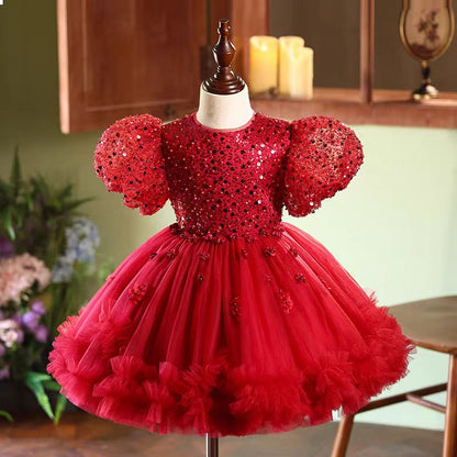 Red Sequins Toddler 1st Birthday Knee Length Party Girl Dress J358