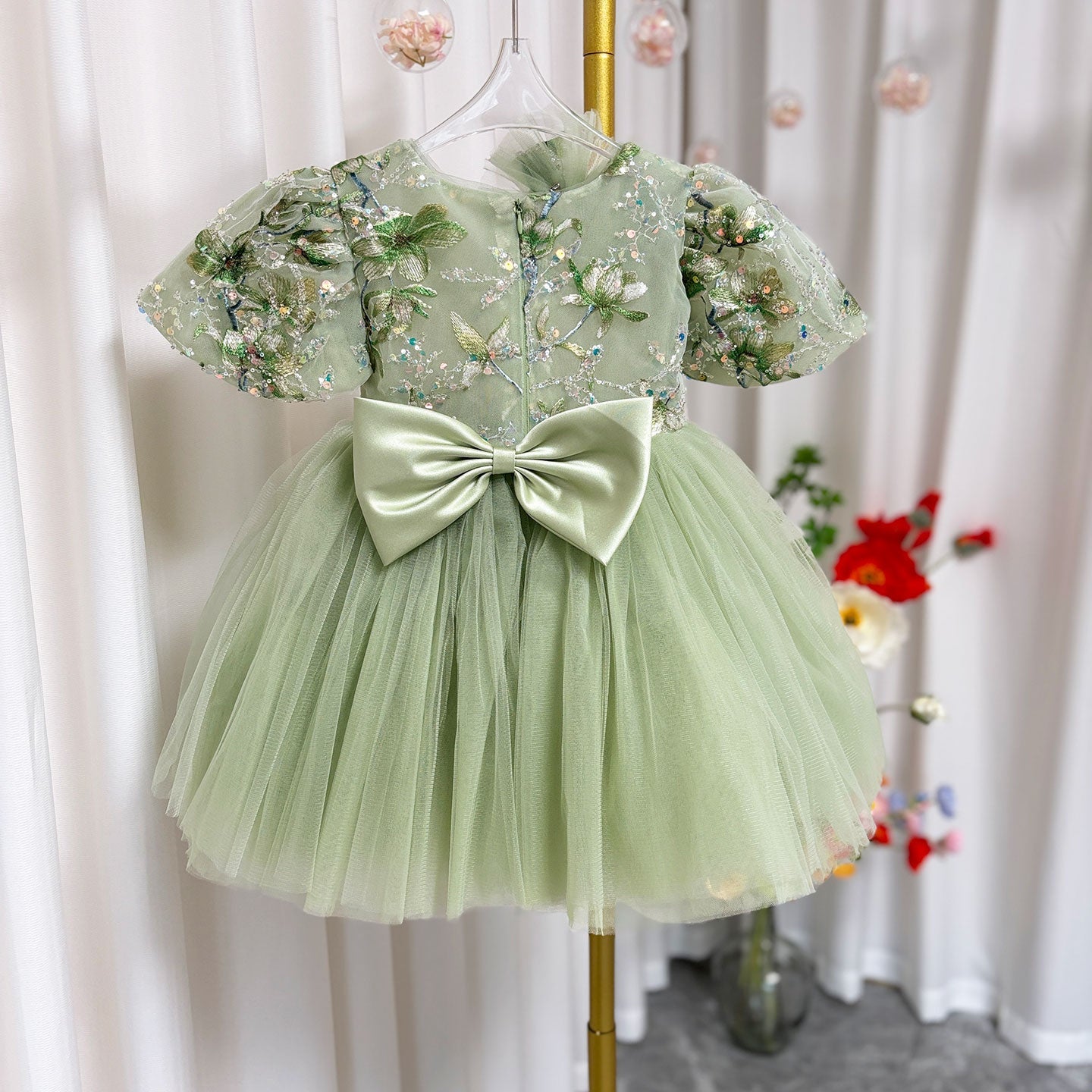 Sage Green Baby Long Sleeve Knee Length Girl Dress J060
