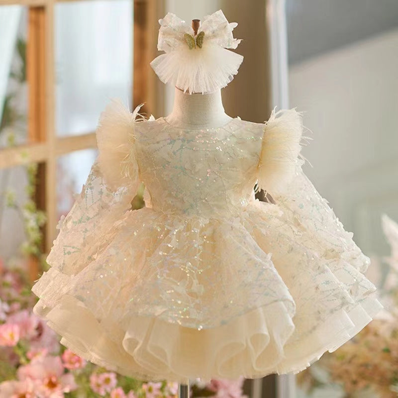 Sequins Flower Girl Dress Knee Length Long Sleeve Party Gown J241