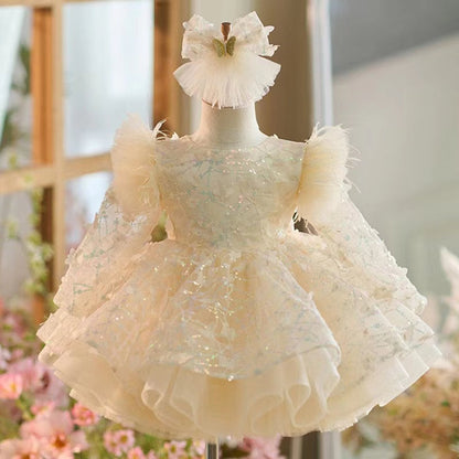 Sequins Flower Girl Dress Knee Length Long Sleeve Party Gown J241