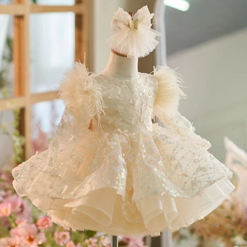 Sequins Flower Girl Dress Knee Length Long Sleeve Party Gown J241