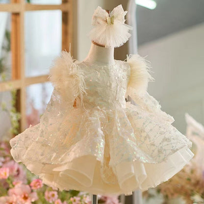 Sequins Flower Girl Dress Knee Length Long Sleeve Party Gown J241