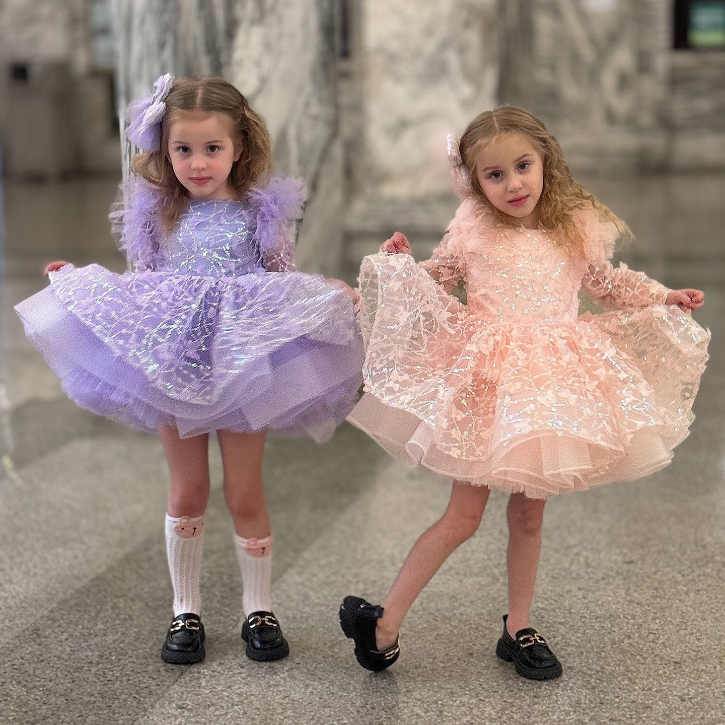 Sequins Flower Girl Dress Knee Length Long Sleeve Party Gown J241