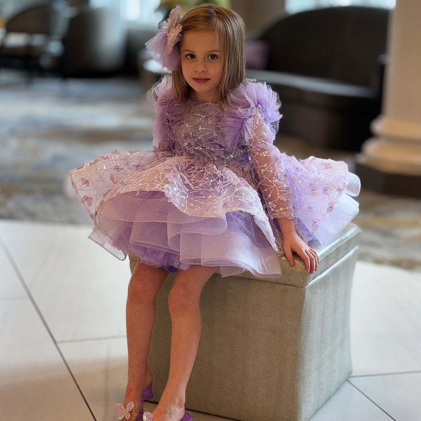 Sequins Flower Girl Dress Knee Length Long Sleeve Party Gown J241