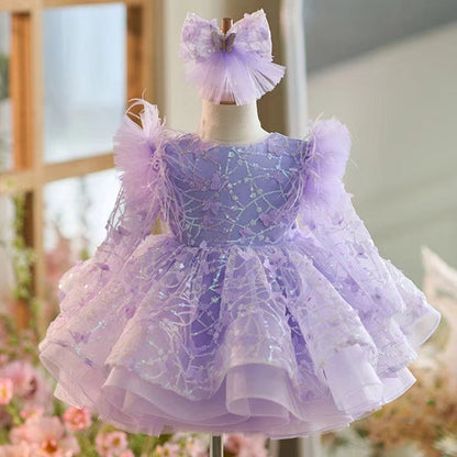 Sequins Flower Girl Dress Knee Length Long Sleeve Party Gown J241