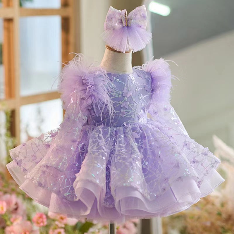 Sequins Flower Girl Dress Knee Length Long Sleeve Party Gown J241