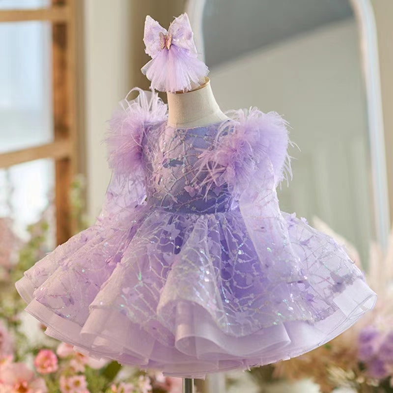 Sequins Flower Girl Dress Knee Length Long Sleeve Party Gown J241