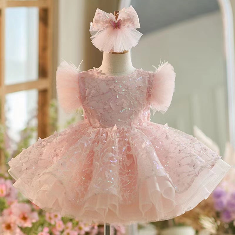 Sequins Flower Girl Dress Knee Length Long Sleeve Party Gown J241