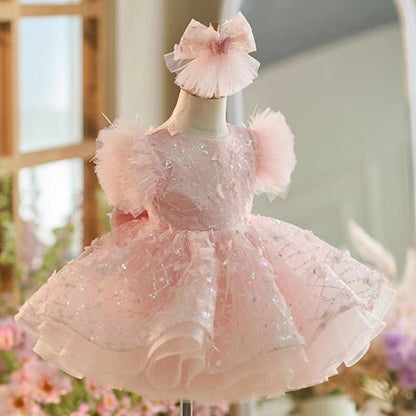 Sequins Flower Girl Dress Knee Length Long Sleeve Party Gown J241