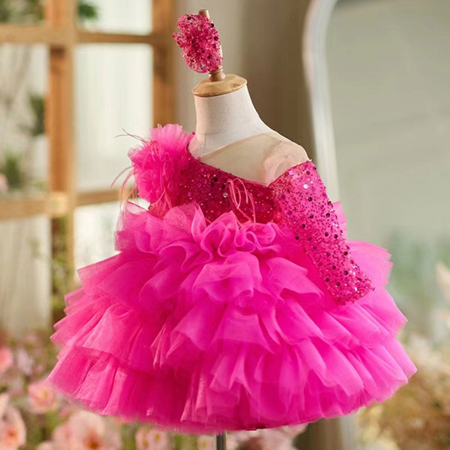 Sequins Fuchsia Girl Dress Knee Length Arabic Princess Party Gown J238