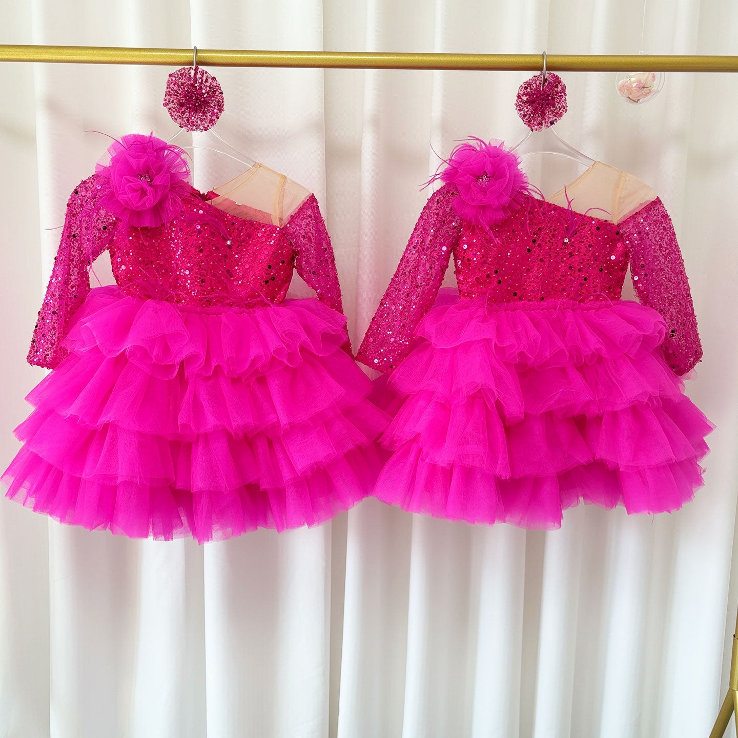 Sequins Fuchsia Girl Dress Knee Length Arabic Princess Party Gown J238