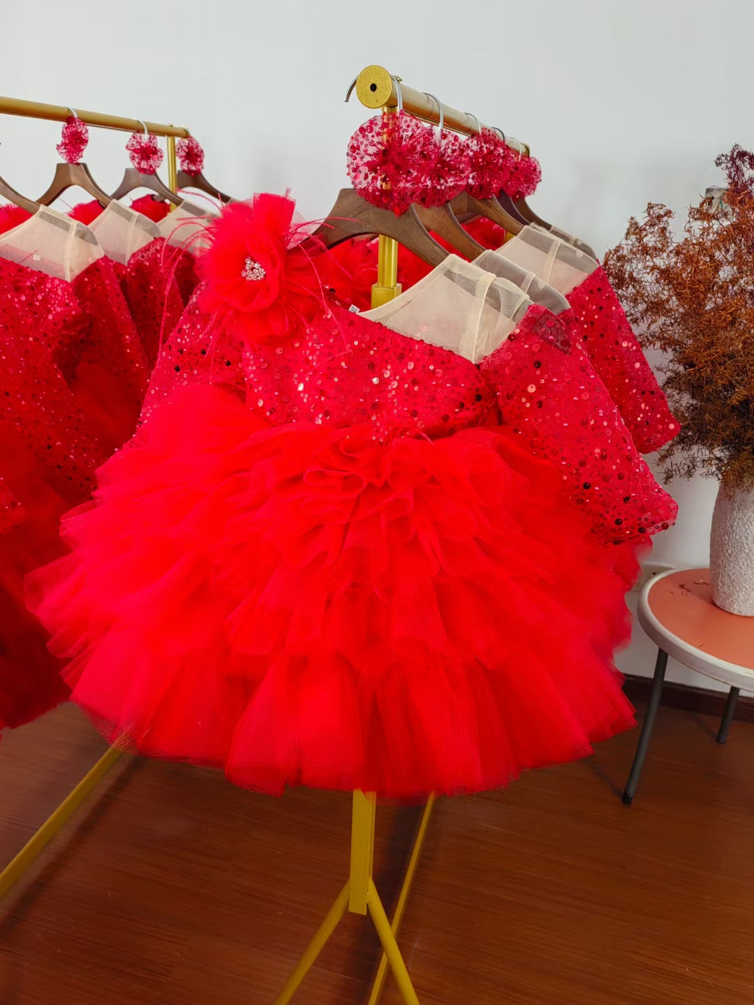 Sequins Fuchsia Girl Dress Knee Length Arabic Princess Party Gown J238