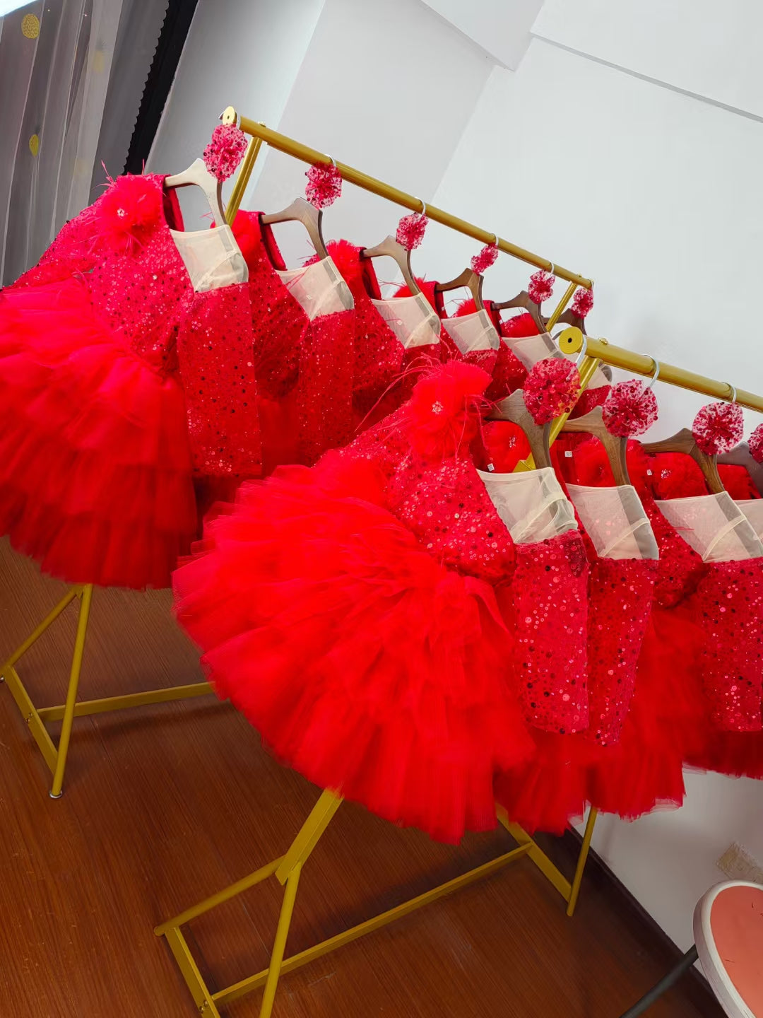 Sequins Fuchsia Girl Dress Knee Length Arabic Princess Party Gown J238