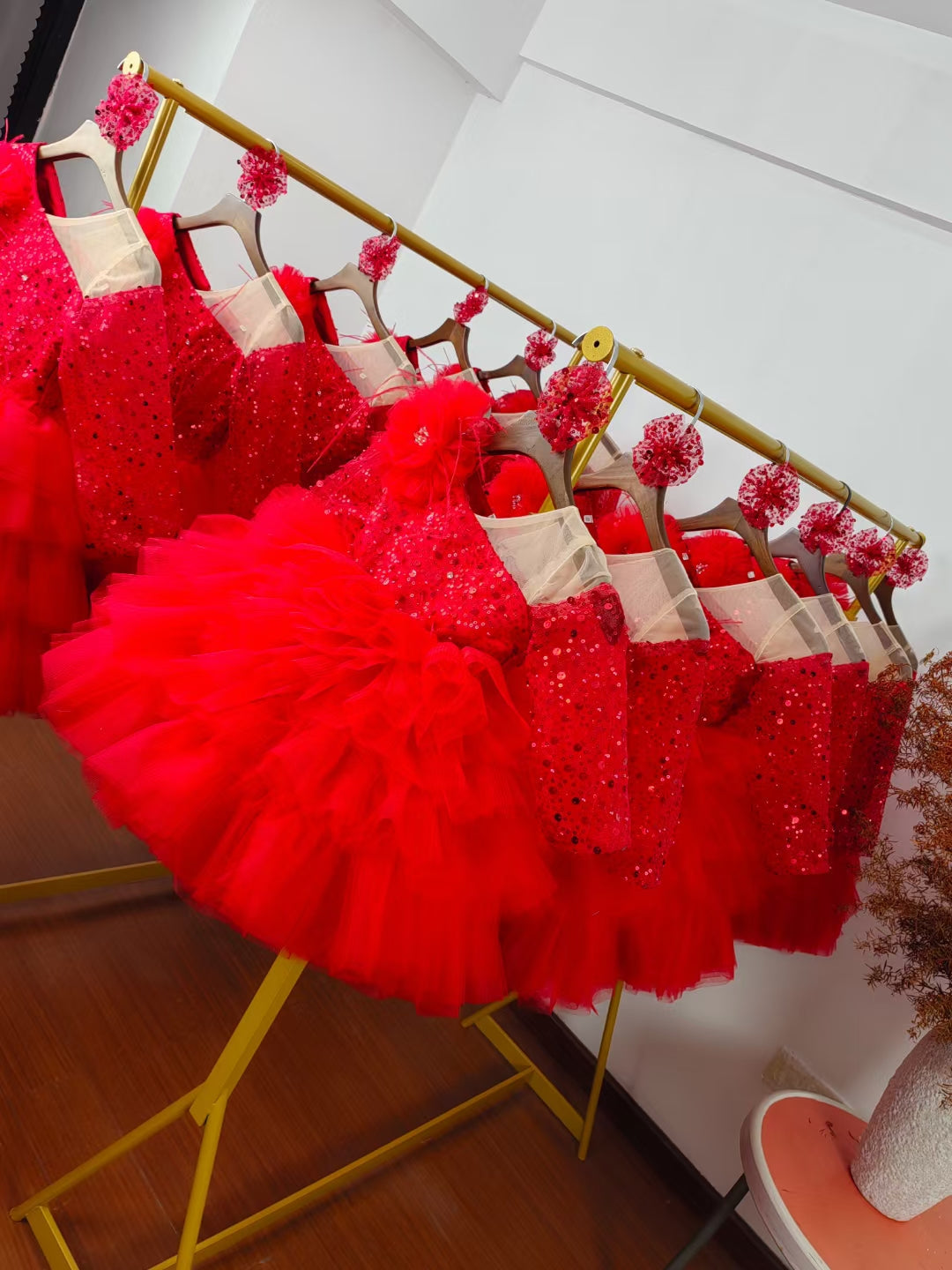 Sequins Fuchsia Girl Dress Knee Length Arabic Princess Party Gown J238