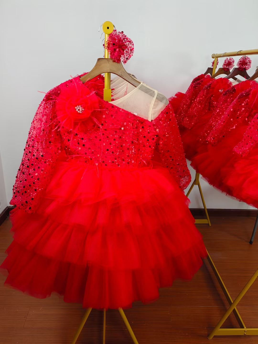 Sequins Fuchsia Girl Dress Knee Length Arabic Princess Party Gown J238