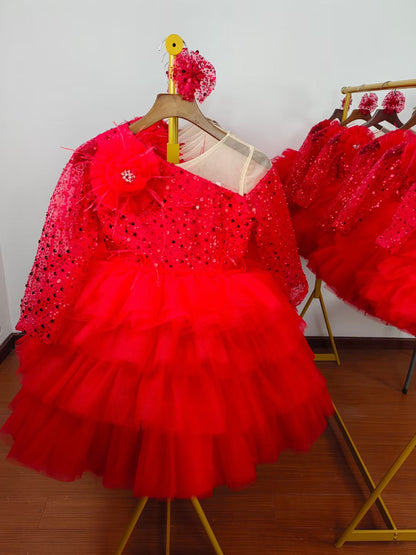 Sequins Fuchsia Girl Dress Knee Length Arabic Princess Party Gown J238