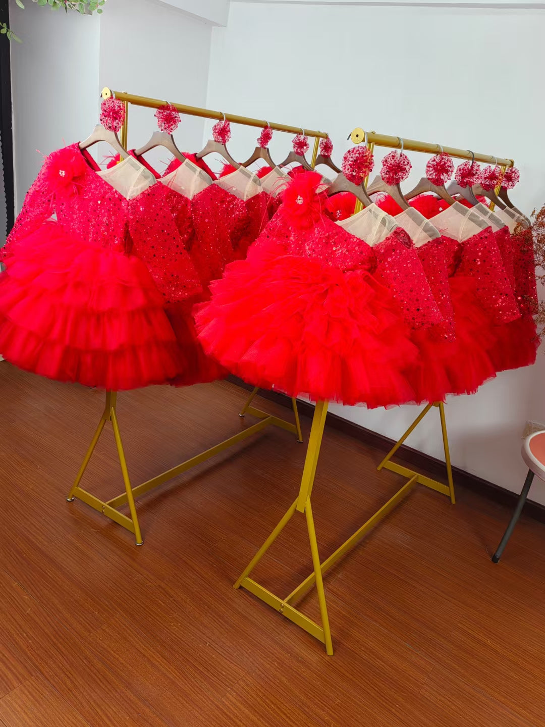 Sequins Fuchsia Girl Dress Knee Length Arabic Princess Party Gown J238