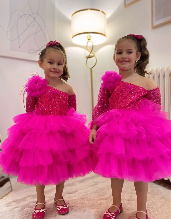 Sequins Fuchsia Girl Dress Knee Length Arabic Princess Party Gown J238