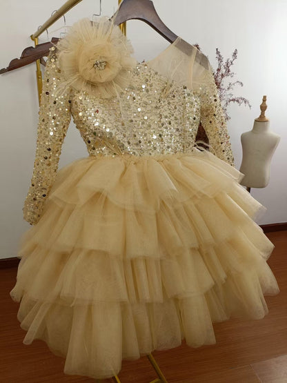 Sequins Fuchsia Girl Dress Knee Length Arabic Princess Party Gown J238