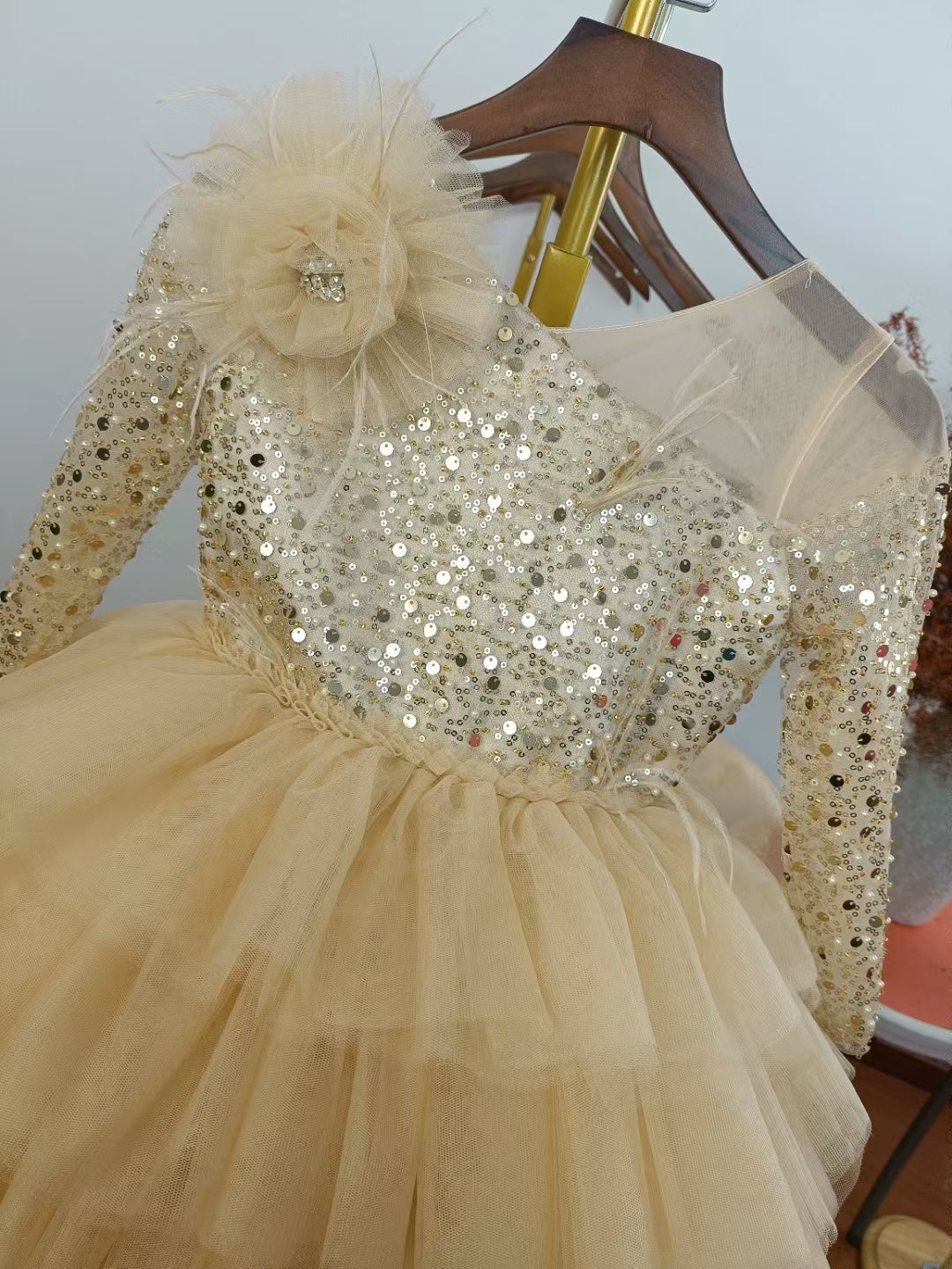 Sequins Fuchsia Girl Dress Knee Length Arabic Princess Party Gown J238