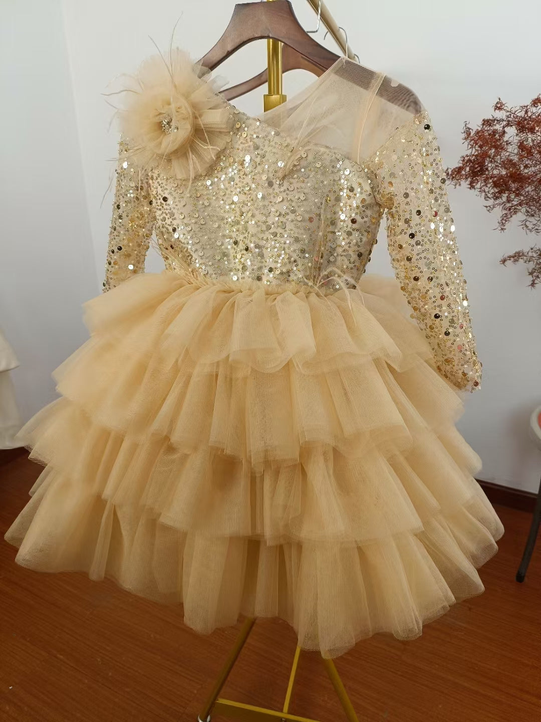 Sequins Fuchsia Girl Dress Knee Length Arabic Princess Party Gown J238