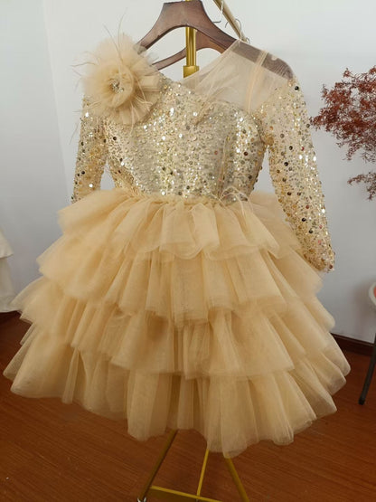 Sequins Fuchsia Girl Dress Knee Length Arabic Princess Party Gown J238