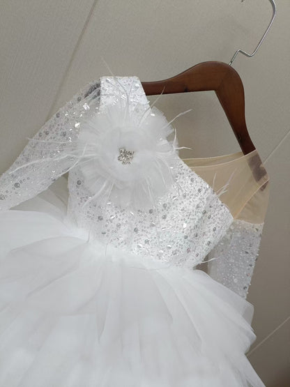 Sequins Fuchsia Girl Dress Knee Length Arabic Princess Party Gown J238