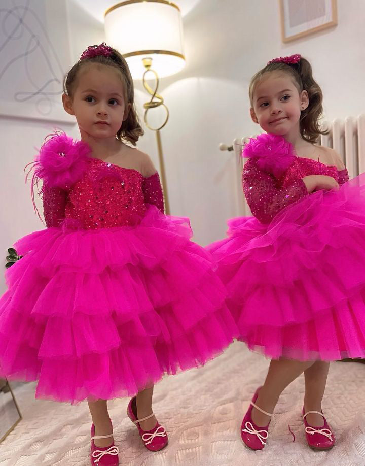 Sequins Fuchsia Girl Dress Knee Length Arabic Princess Party Gown J238