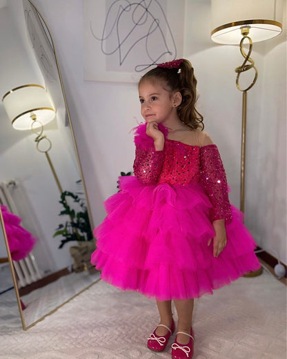 Sequins Fuchsia Girl Dress Knee Length Arabic Princess Party Gown J238