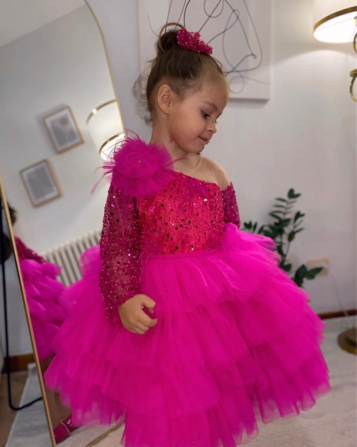 Sequins Fuchsia Girl Dress Knee Length Arabic Princess Party Gown J238