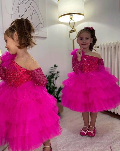 Sequins Fuchsia Girl Dress Knee Length Arabic Princess Party Gown J238