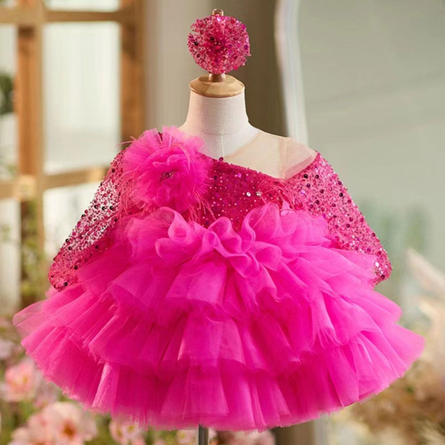 Sequins Fuchsia Girl Dress Knee Length Arabic Princess Party Gown J238