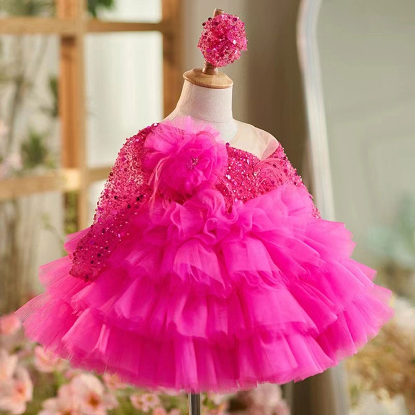 Sequins Fuchsia Girl Dress Knee Length Arabic Princess Party Gown J238