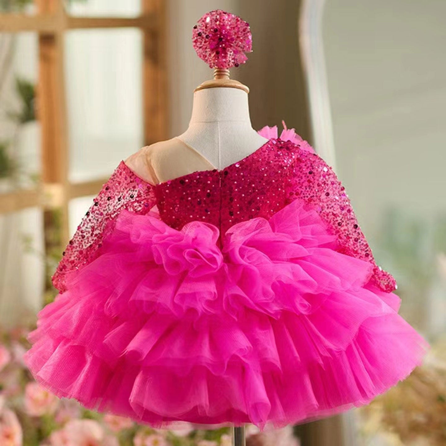 Sequins Fuchsia Girl Dress Knee Length Arabic Princess Party Gown J238