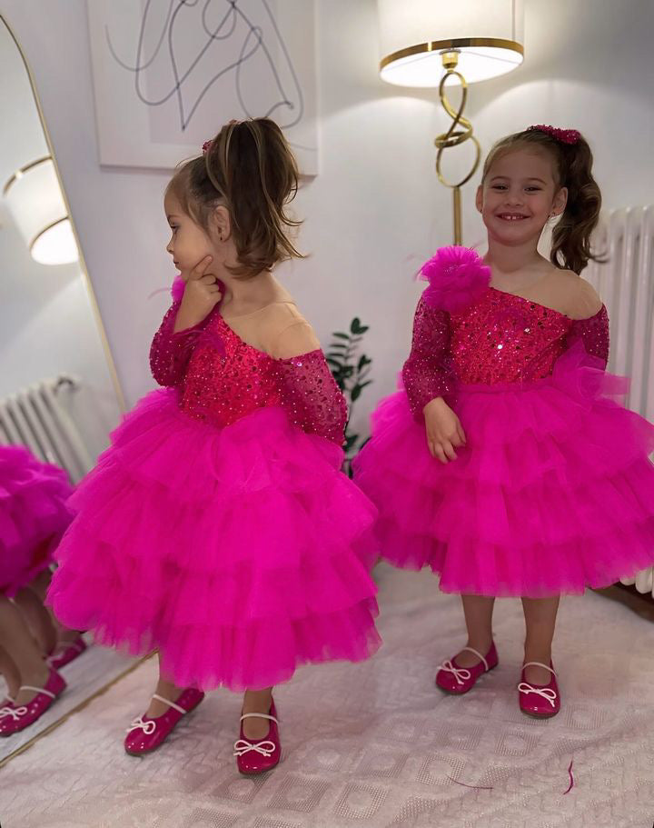 Sequins Fuchsia Girl Dress Knee Length Arabic Princess Party Gown J238