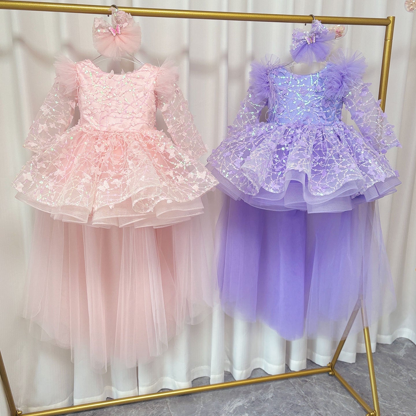 Sequins Lilac Long Sleeve Girl Dress Knee Length J287