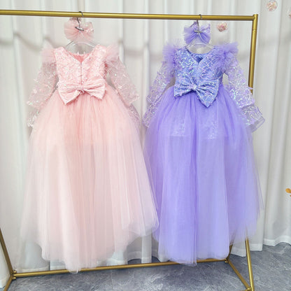 Sequins Lilac Long Sleeve Girl Dress Knee Length J287