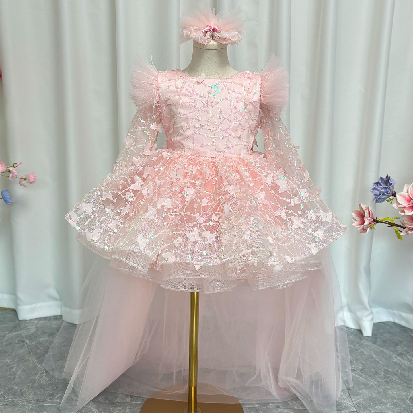 Sequins Lilac Long Sleeve Girl Dress Knee Length J287