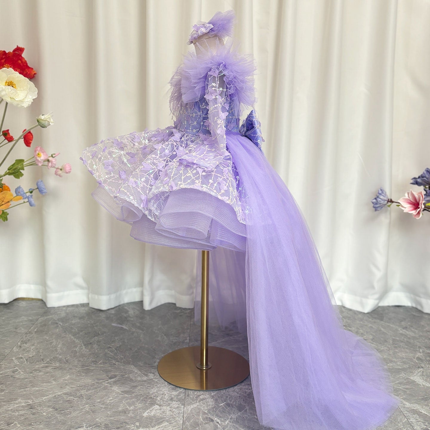 Sequins Lilac Long Sleeve Girl Dress Knee Length J287