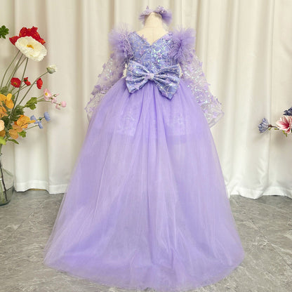 Sequins Lilac Long Sleeve Girl Dress Knee Length J287