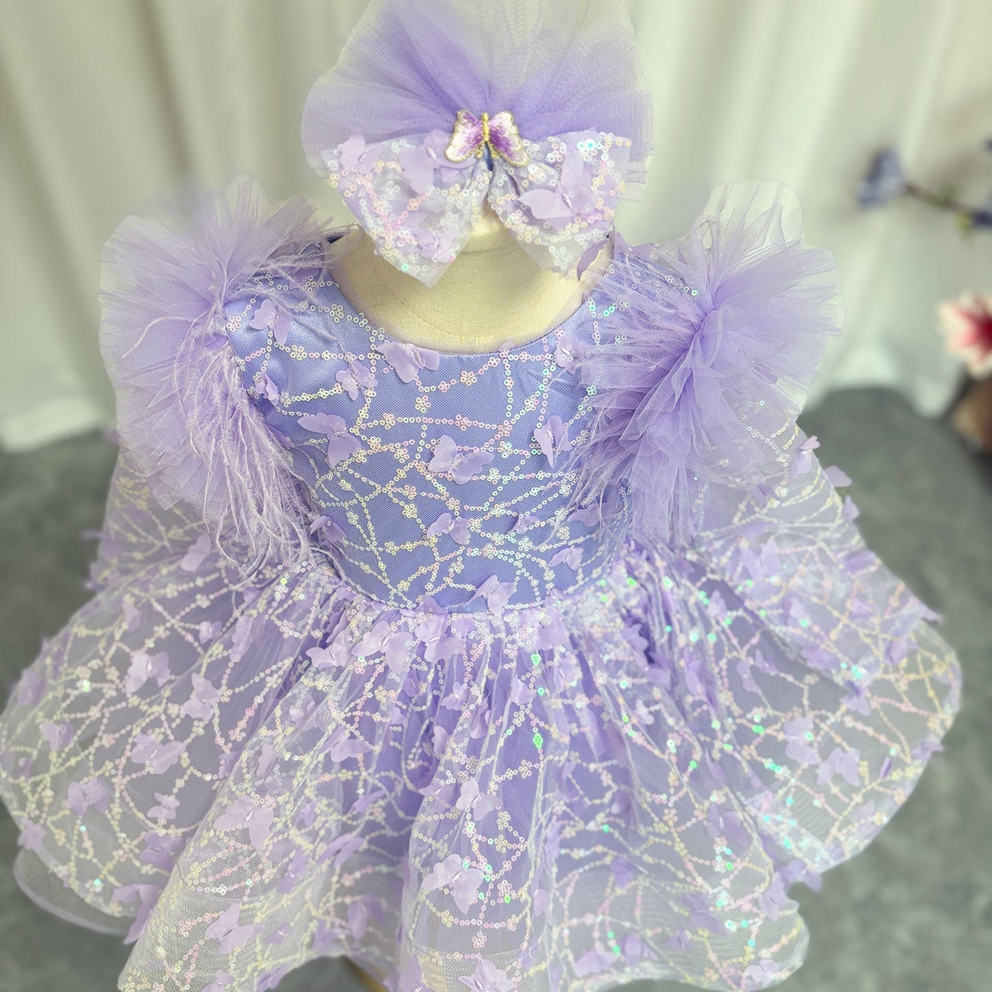 Sequins Lilac Long Sleeve Girl Dress Knee Length J287