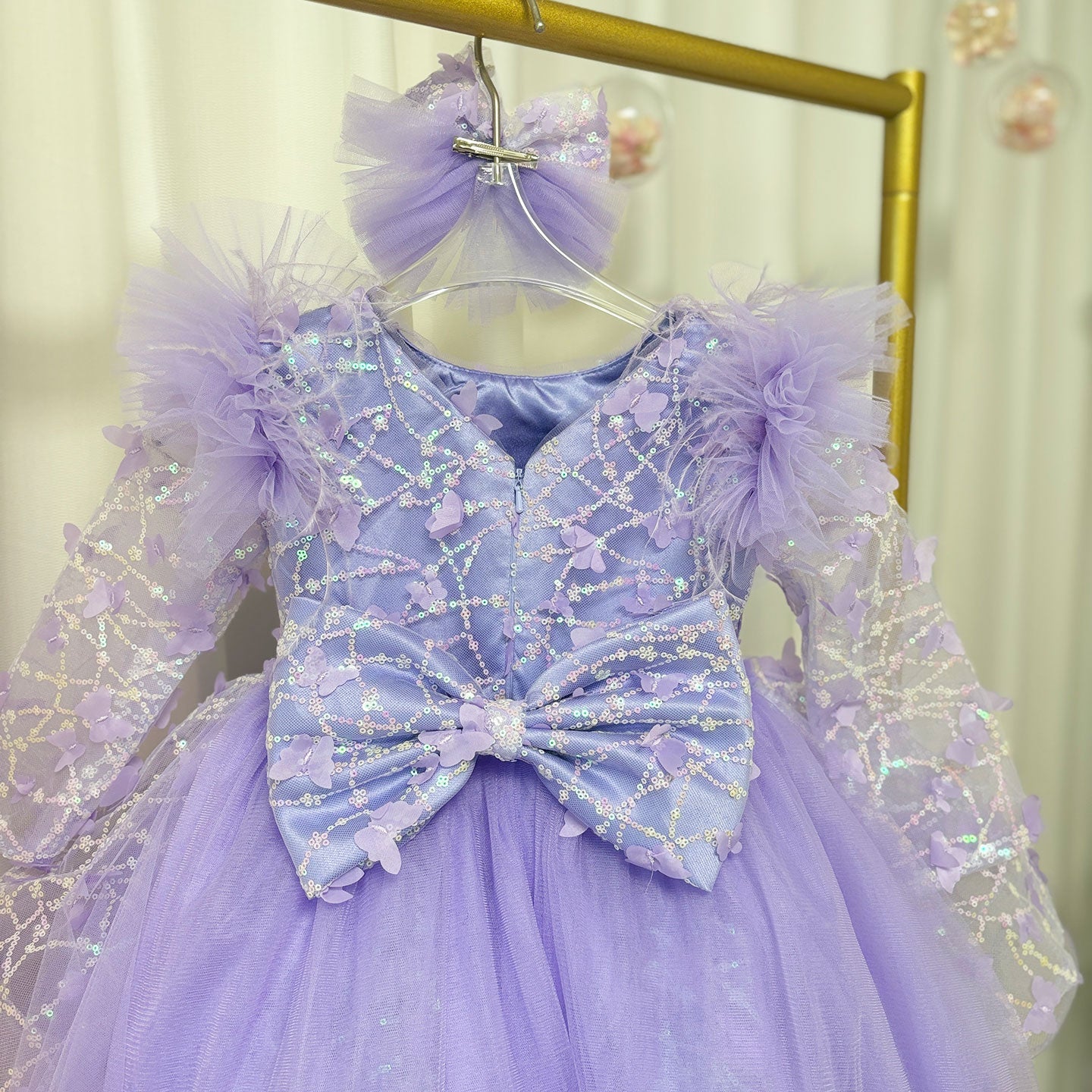 Sequins Lilac Long Sleeve Girl Dress Knee Length J287