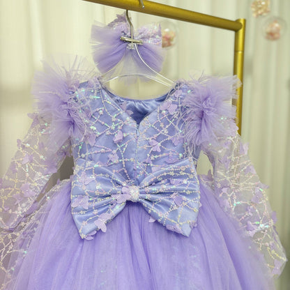 Sequins Lilac Long Sleeve Girl Dress Knee Length J287