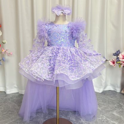 Sequins Lilac Long Sleeve Girl Dress Knee Length J287