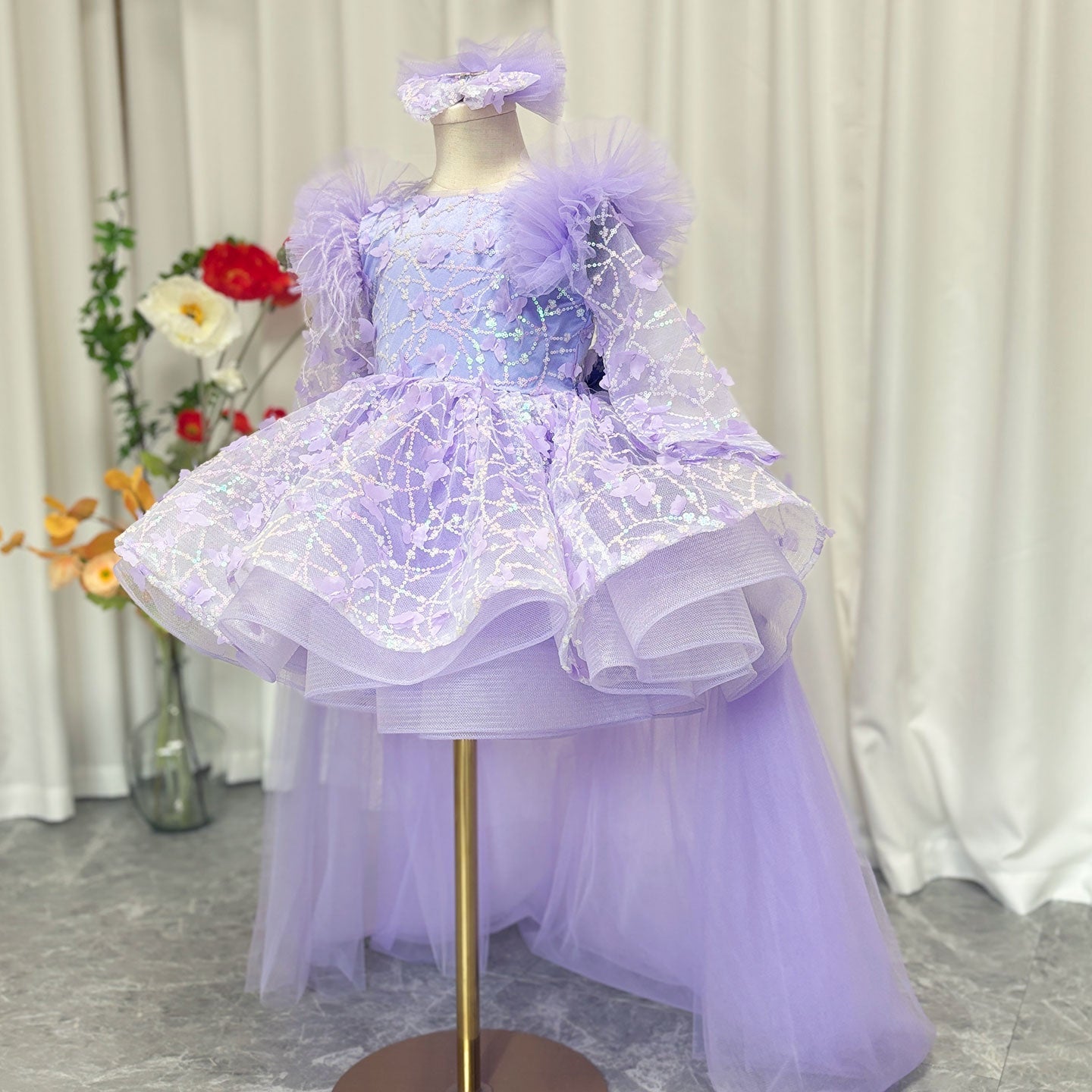 Sequins Lilac Long Sleeve Girl Dress Knee Length J287