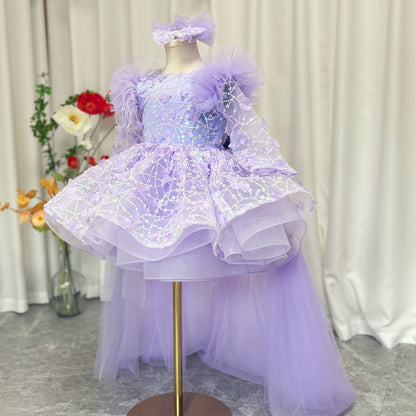 Sequins Lilac Long Sleeve Girl Dress Knee Length J287